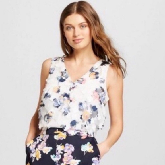a new day Tops - A New Day Floral Applique Sheer V-Neck Pastel Tank Top, White, Medium, NWOT